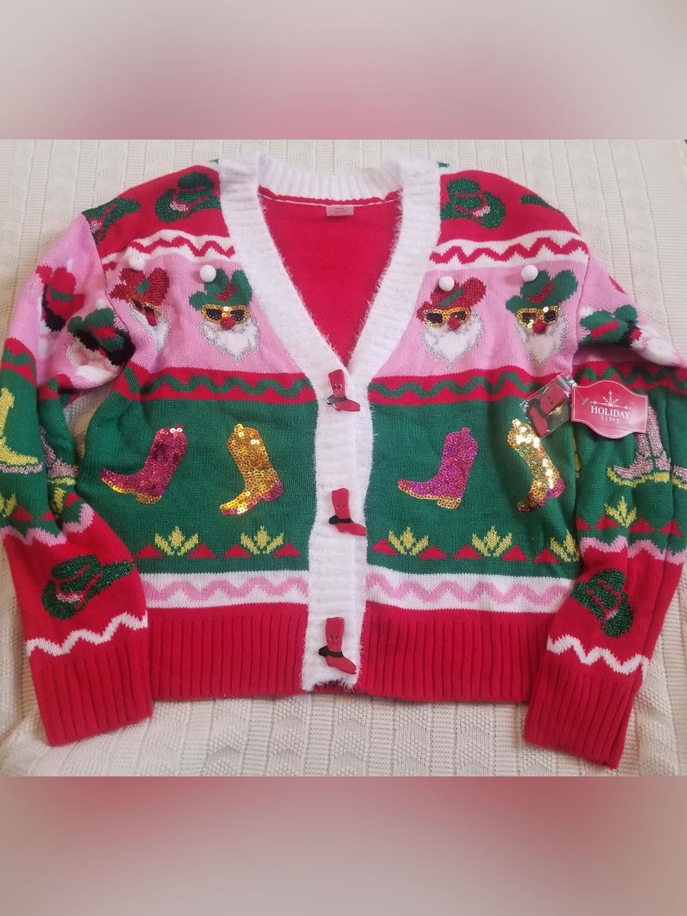 Holiday Time Red, White and Green Festive Knit Cardigan